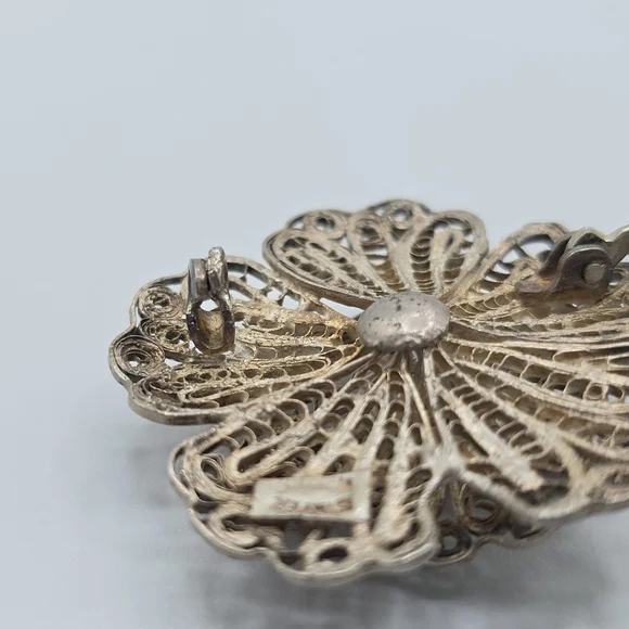 VTG Mexico Silver Filigree Flower Brooch Pin Layered Floral 1.75" REPAIR - Picture 11 of 12